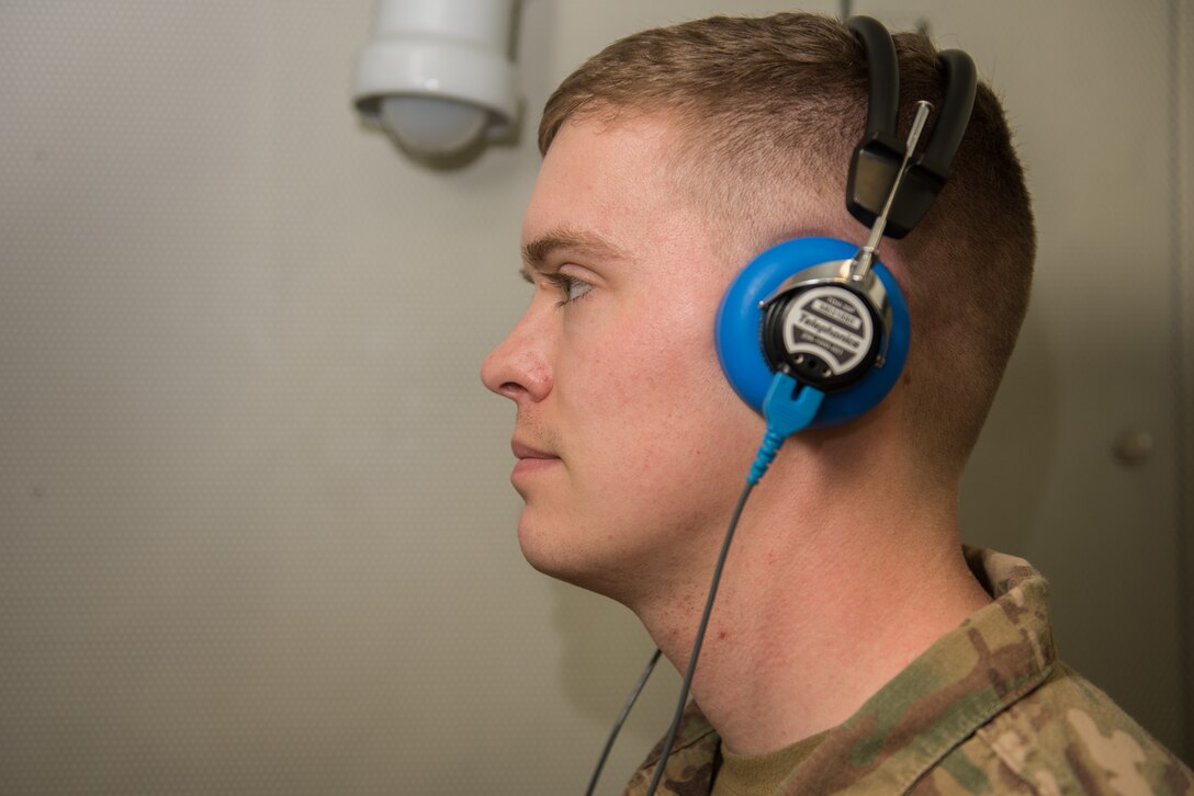 An Airmen takes a hearing test at the Langley Audiology Clinic at Langley Air Force Base, Virginia.