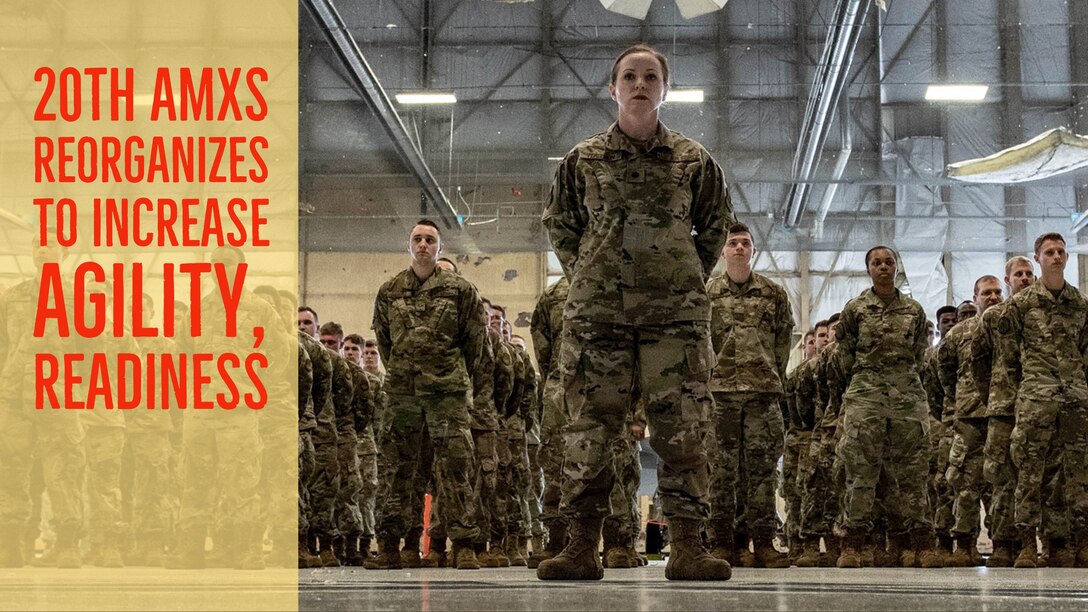 Photo of Airmen assigned to the 20th Aircraft Maintenance Squadron (AMXS) stand at parade rest awaiting the reorganization of the squadron during a squadron stand-up ceremony at Shaw Air Force Base, South Carolina, Feb. 24, 2020.