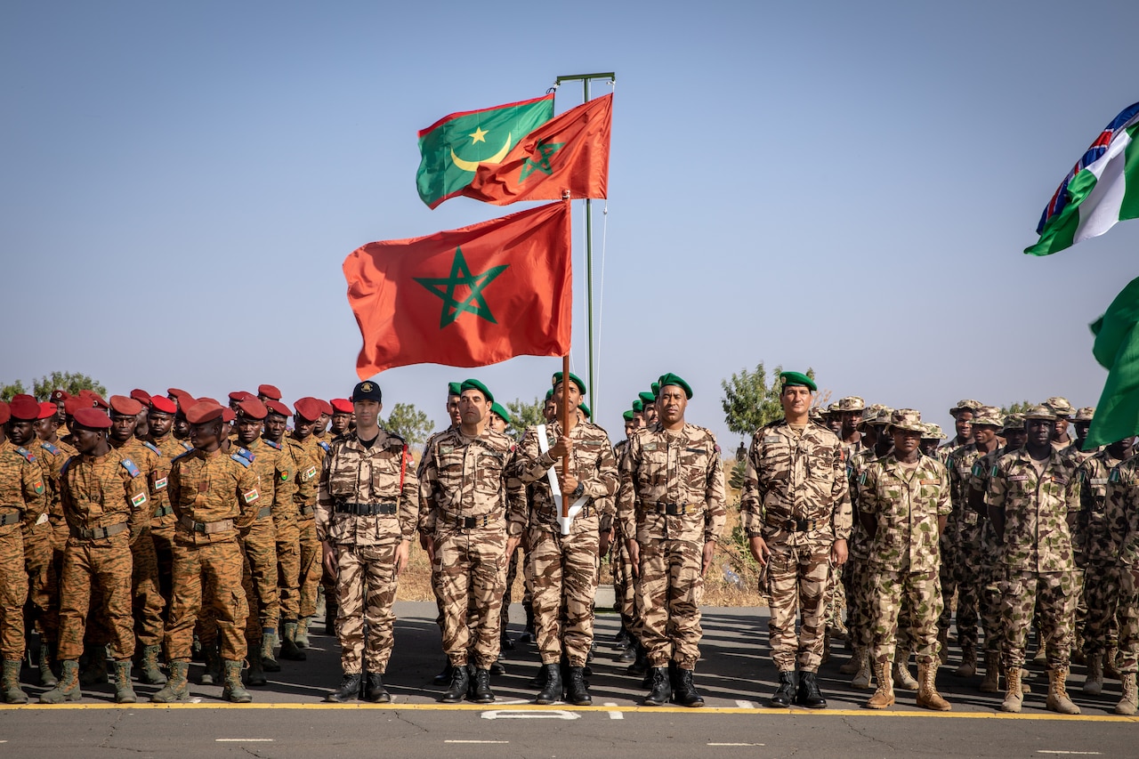 African soldiers stand in formation.