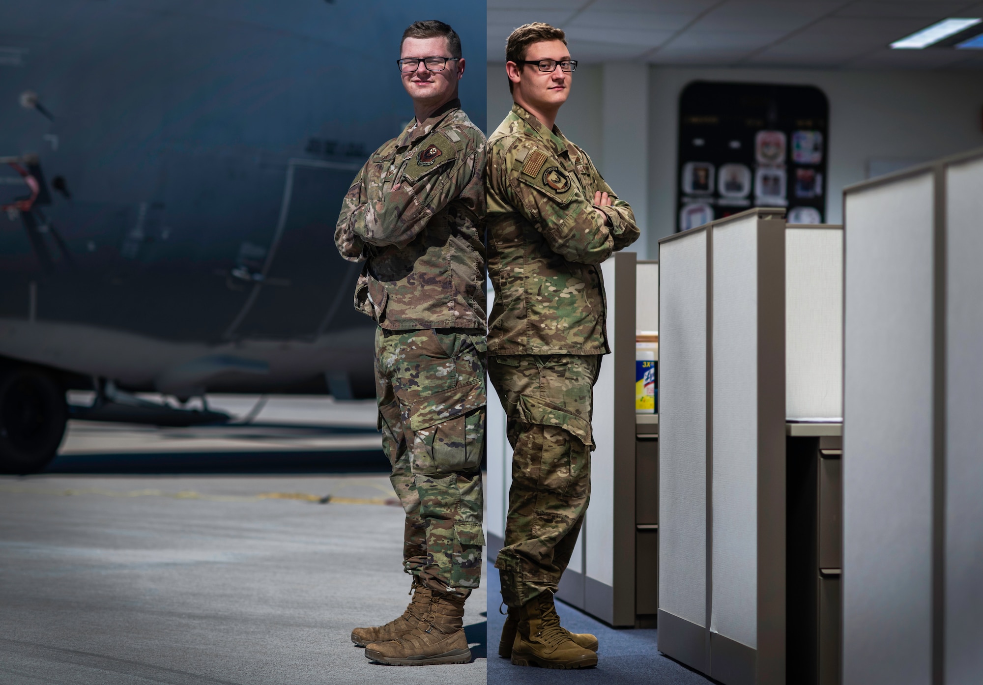 Senior Airman William Kirk, a MC-130J Commando II aircraft crew chief assigned to the 27th Special Operations Aircraft Maintenance Squadron, left, and Airman 1st Class Scott Kirk, a customer support technician with the 27th Special Operations Force Support Squadron, pose for a photo in their respective workplaces on Cannon Air Force Base, New Mexico, Feb. 26, 2020. The two brothers hail from Evansville, Indiana, and are stationed at Cannon together where they use each other as a support system to build resiliency. (U.S. Air Force photo illustration by Senior Airman Maxwell Daigle)