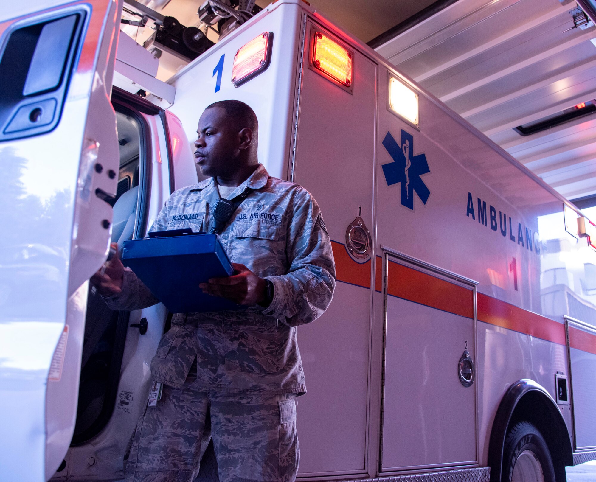 U.S. Air Force Senior Airman Kenith McDonald, 92nd Medical Operations Squadron emergency medical technician, checks the ambulance vehicle to ensure all equipment is present Feb. 27, 2020, at Fairchild Air Force Base, Washington.