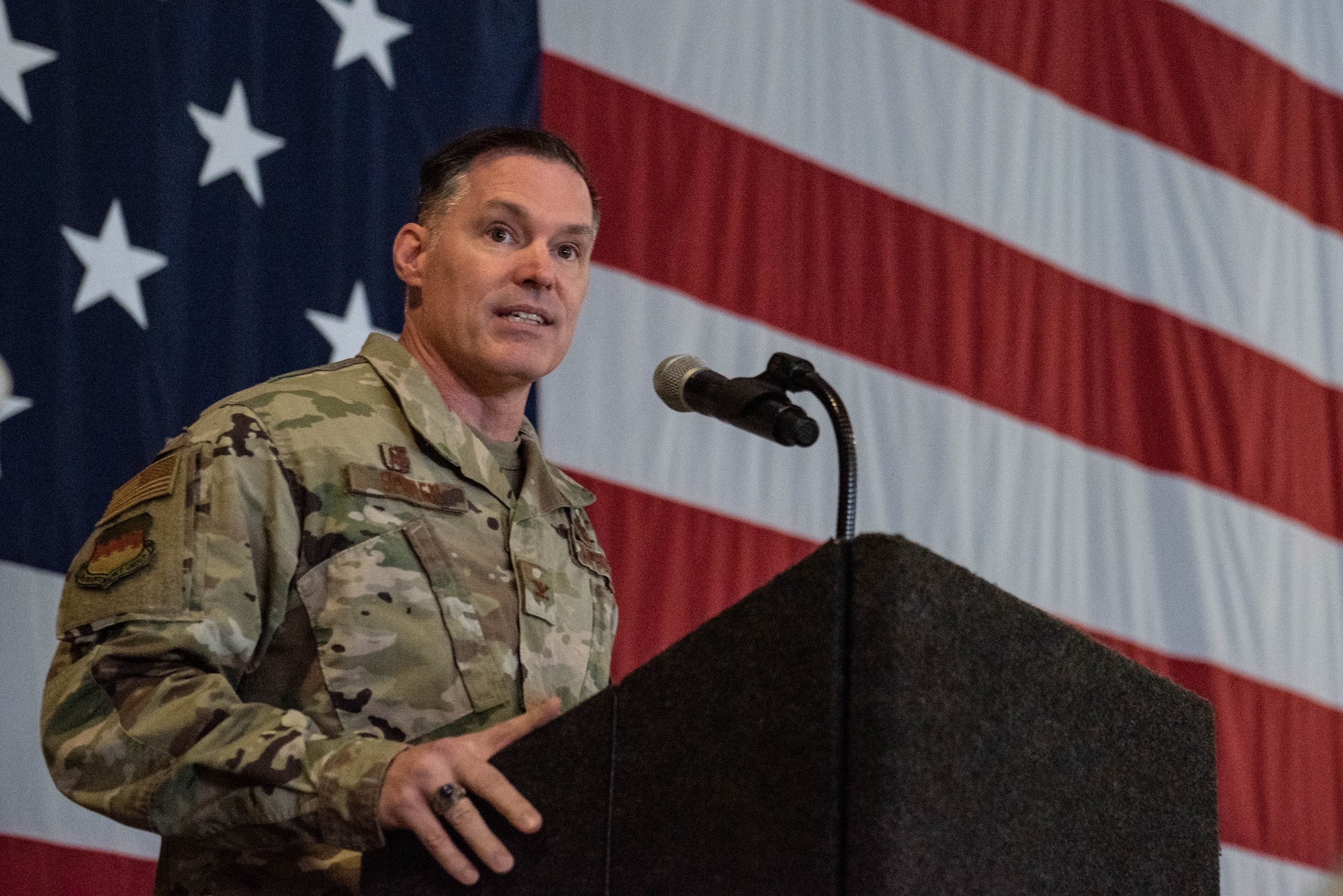 U.S. Air Force Col. George Sebren, 20th Maintenance Group commander, provides remarks during a squadron stand-up ceremony at Shaw Air Force Base, South Carolina, Feb. 24, 2020.
