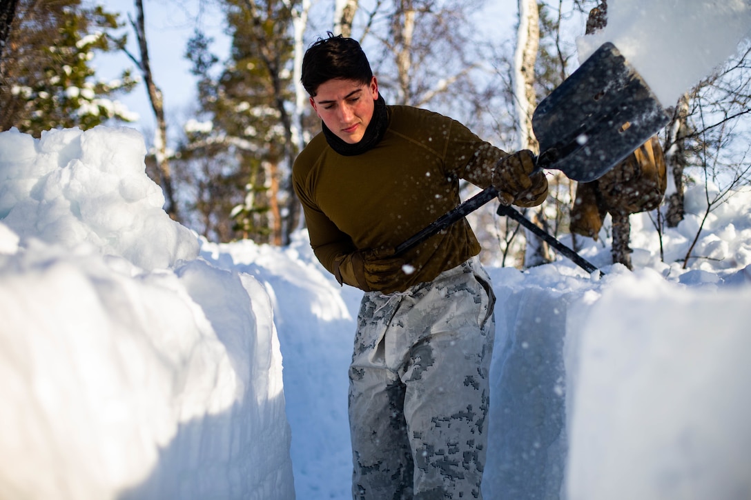 A U.S. Marine digs a fighting position during cold-weather training near Bjerkvik, Norway, Feb. 23.
