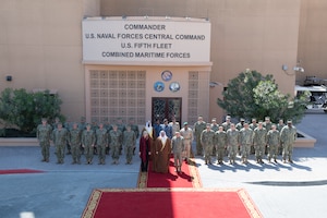 200303-N-KZ419-1269 MANAMA, Bahrain (March 3, 2020) His Royal Highness Prince Salman bin Hamad bin Isa Al-Khalifa, the Crown Prince of the Kingdom of Bahrain, Vice Adm. Jim Malloy, commander of U.S. Naval Forces Central Command, Maggie Nardi, Deputy Chief of Mission at the U.S. Embassy in Bahrain, and other senior military leaders pose for a photo during a visit to discuss operations in the U.S. 5th Fleet area of operations. Bahrain has been a partner with the United States in regional maritime security for more than 70 years. (U.S. Navy photo by Mass Communication Specialist 3rd Class Dawson Roth/Released)