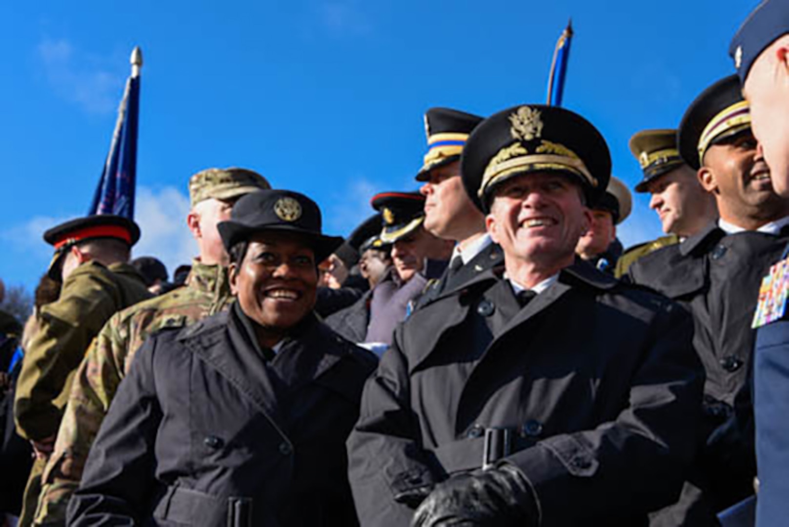 U.S. Army Maj. Gen. Timothy E. Gowen, the adjutant general of Maryland, and U.S. Army Command Sgt. Maj. Perlisa D. Wilson, Maryland National Guard senior enlisted leader, wait for the start of the Estonian Independence Day military parade Feb. 24, 2020, at Vabaduse Square, Tallinn, Estonia. The celebration marked the 102nd anniversary of Estonia's declaration of independence.