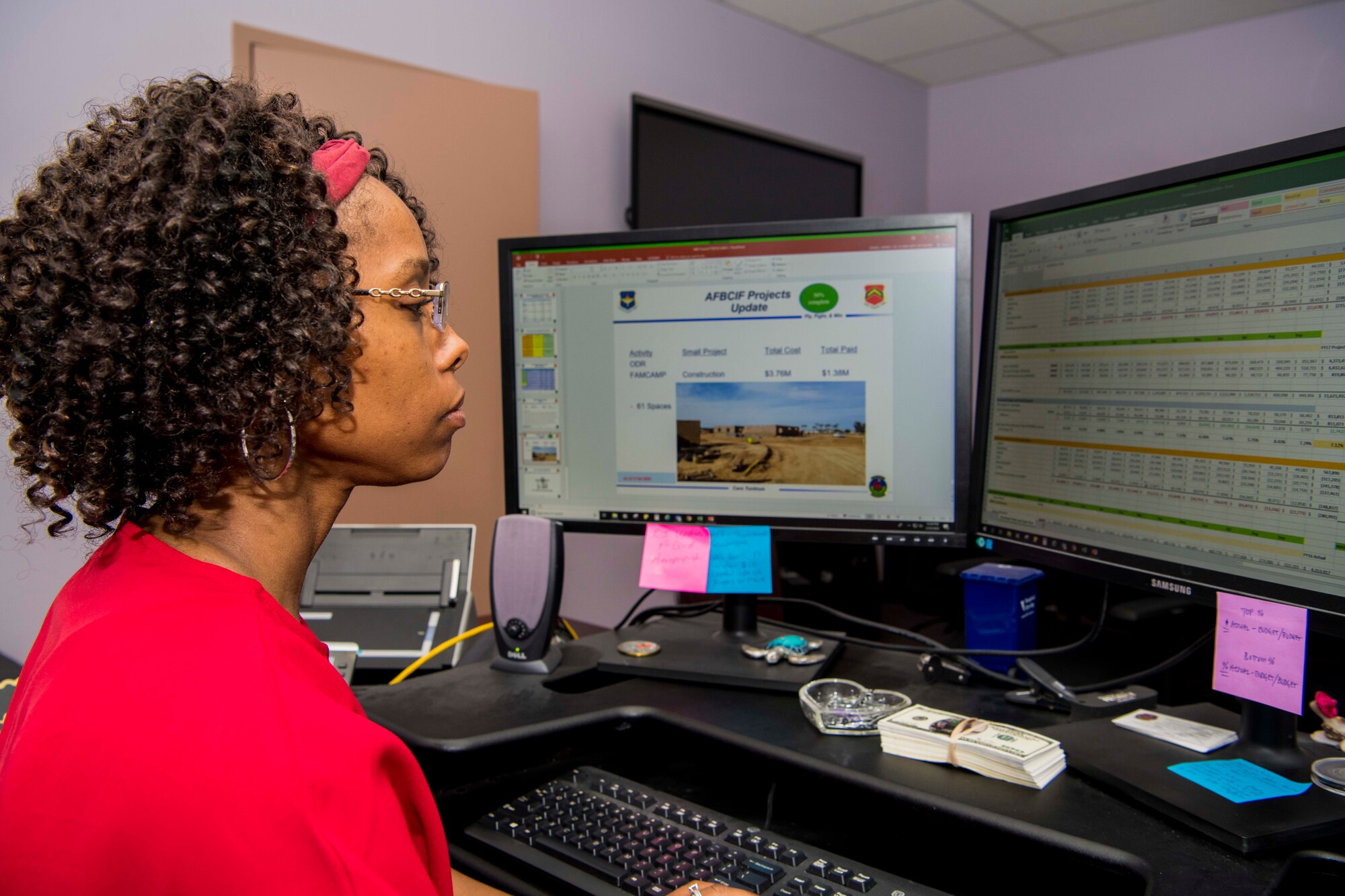Annie Daniel, 56th Force Support Squadron resource management flight chief, works on finalizing spreadsheets Feb. 25, 2020, at Luke Air Force Base, Ariz.