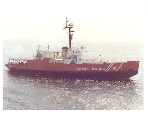 A scan of a photo of CGC Glacier underway at sea.