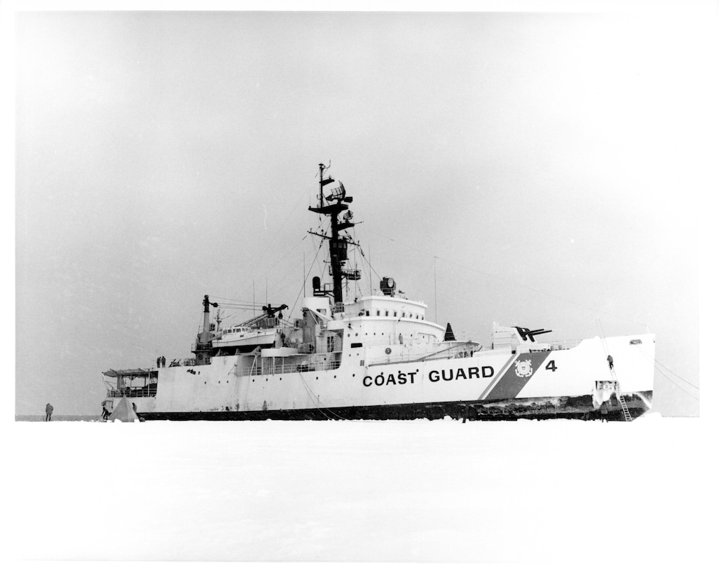 A scan of a photo of CGC Glacier underway at sea.