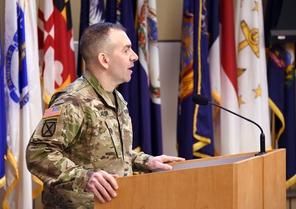 Col. Michael Lalor, commander of Army Medical Logistics Command, welcomes attendees to Fort Detrick, Md., on Feb. 24 at the start of AMLC’s table top exercise focusing on medical maintenance reform. The first-of-its-kind event brought about 150 Soldiers and civilians to discuss challenges and potential solutions to benefit the Army medical community