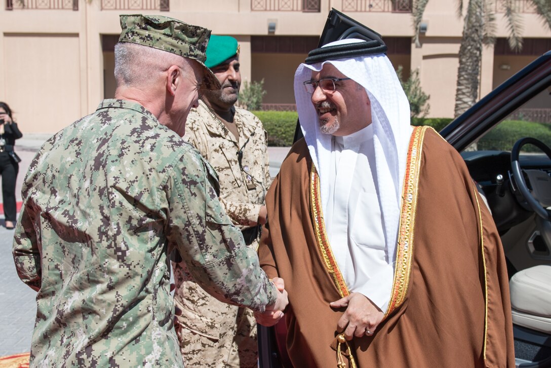 200303-N-KZ419-1045 MANAMA, Bahrain (March 3, 2020) His Royal Highness Prince Salman bin Hamad bin Isa Al-Khalifa, the Crown Prince of the Kingdom of Bahrain shakes hands with Vice Adm. Jim Malloy, commander of U.S. Naval Forces Central Command during a visit to discuss operations in the U.S. 5th Fleet area of operations. Bahrain has been a partner with the United States in regional maritime security for more than 70 years. (U.S. Navy photo by Mass Communication Specialist 3rd Class Dawson Roth/Released)