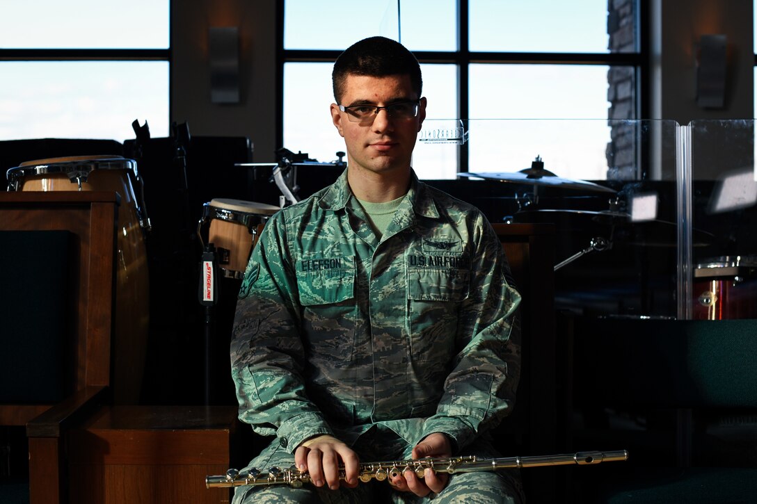 Senior Airman Richard Elefson, an 11th Space Warning Squadron mission management operator, poses for a photo, Jan. 10, 2020, at the chapel on Buckley Air Force Base, Colo.