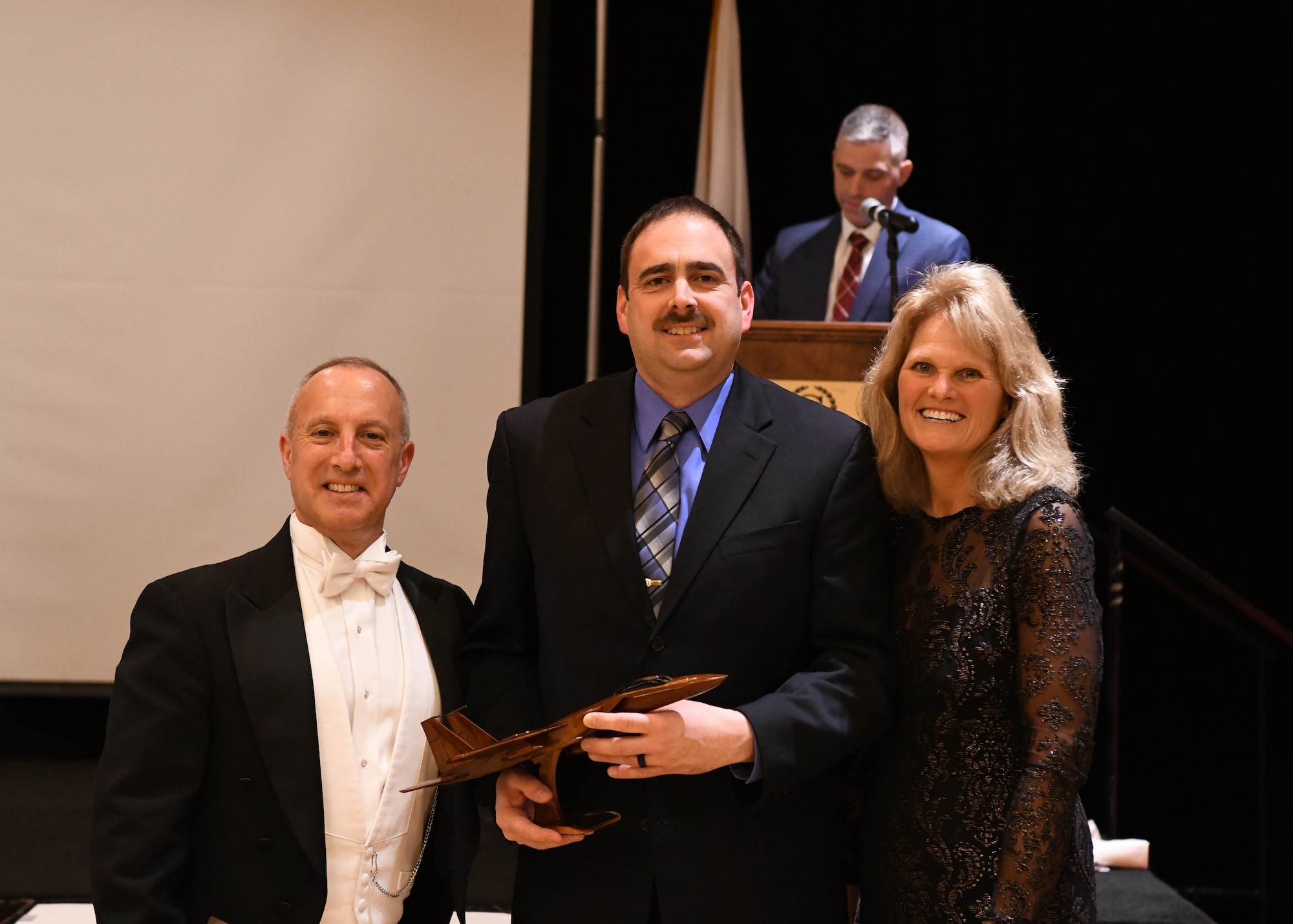 Senior Master Sgt. Lawrence Buell, 104th Civil Engineering Squadron Fire Department Fire Chief, recieved the Wing Senior Noncomissioned Officer of the year award during the annual awards banquet, January 11, 2020, Springfield, Massachusetts. To kick off the new year the banquet was themed 1920s. (U.S. Air National Guard Photo by Airman Camille Lienau)