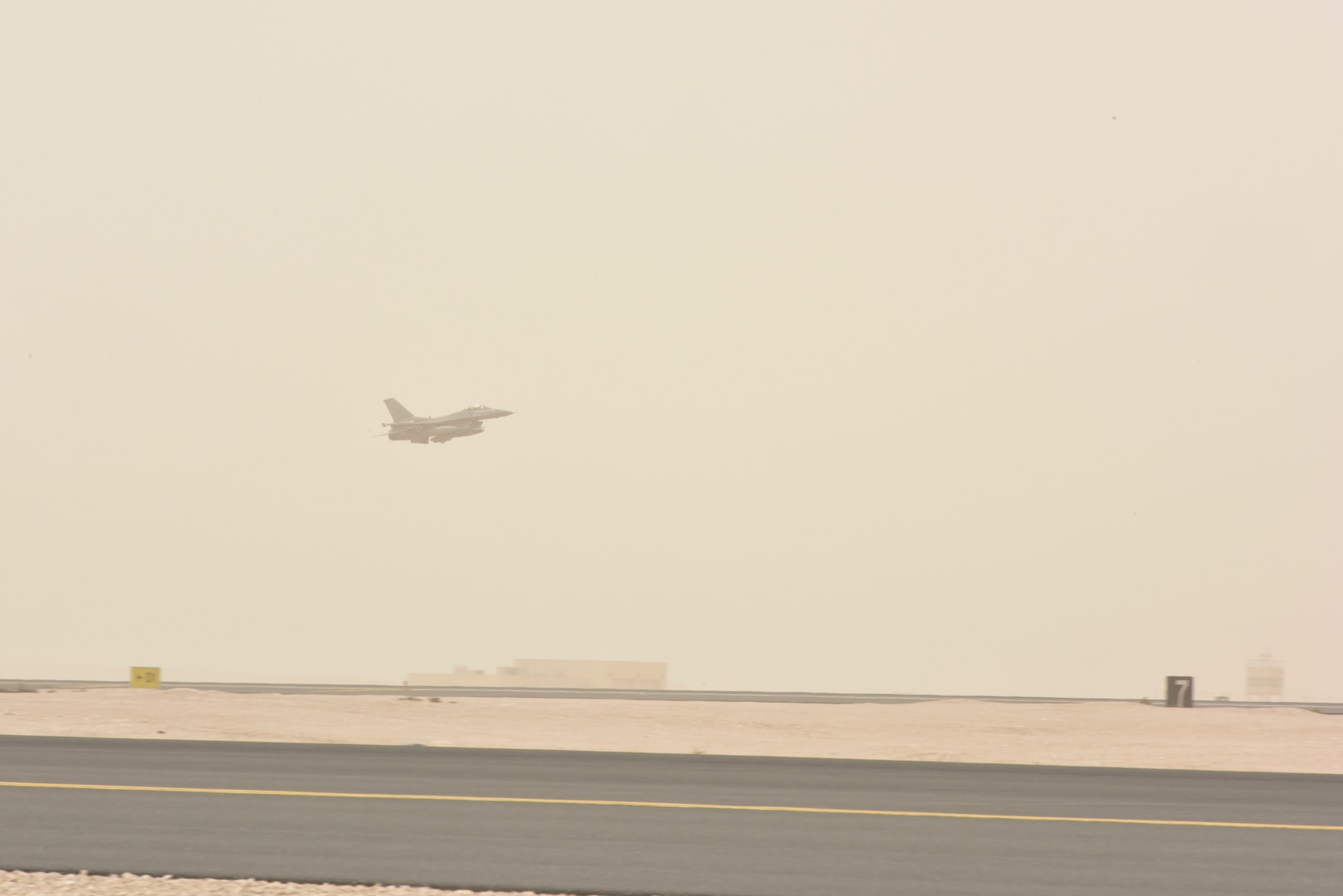 An F-16 Fighting Falcon with the 555th Fighter Squadron, also known as the “world famous, highly-respected” Triple Nickel, takes off at Al Udeid Air Base, Qatar on Feb. 26,  2020. While deployed to AUAB, the Triple Nickel flew more than 840 sorties and nearly 5,000 hours in less than 120 days, directly supporting combat operations for Operations Spartan Shield and Inherent Resolve. (U.S. Air Force photo by Tech. Sgt. John Wilkes)