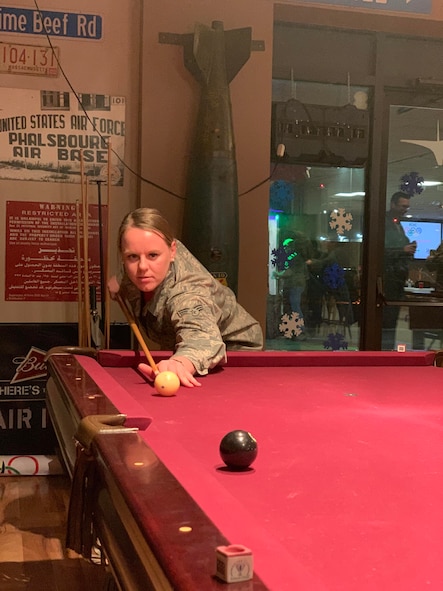 Members of the 104th Fighter Wing took part in the 104th Fighter Wing’s Enlisted vs. Officers Olympics, Feb. 1, 2020. Airmen of all ranks participated in a friendly competition of darts, shuffleboard, corn hole, foosball, giant Jenga, flip cup, and pool to bring the wing’s team members together for camaraderie. (U.S. Air National Guard photo by Senior Master Sgt. Julie Avey)