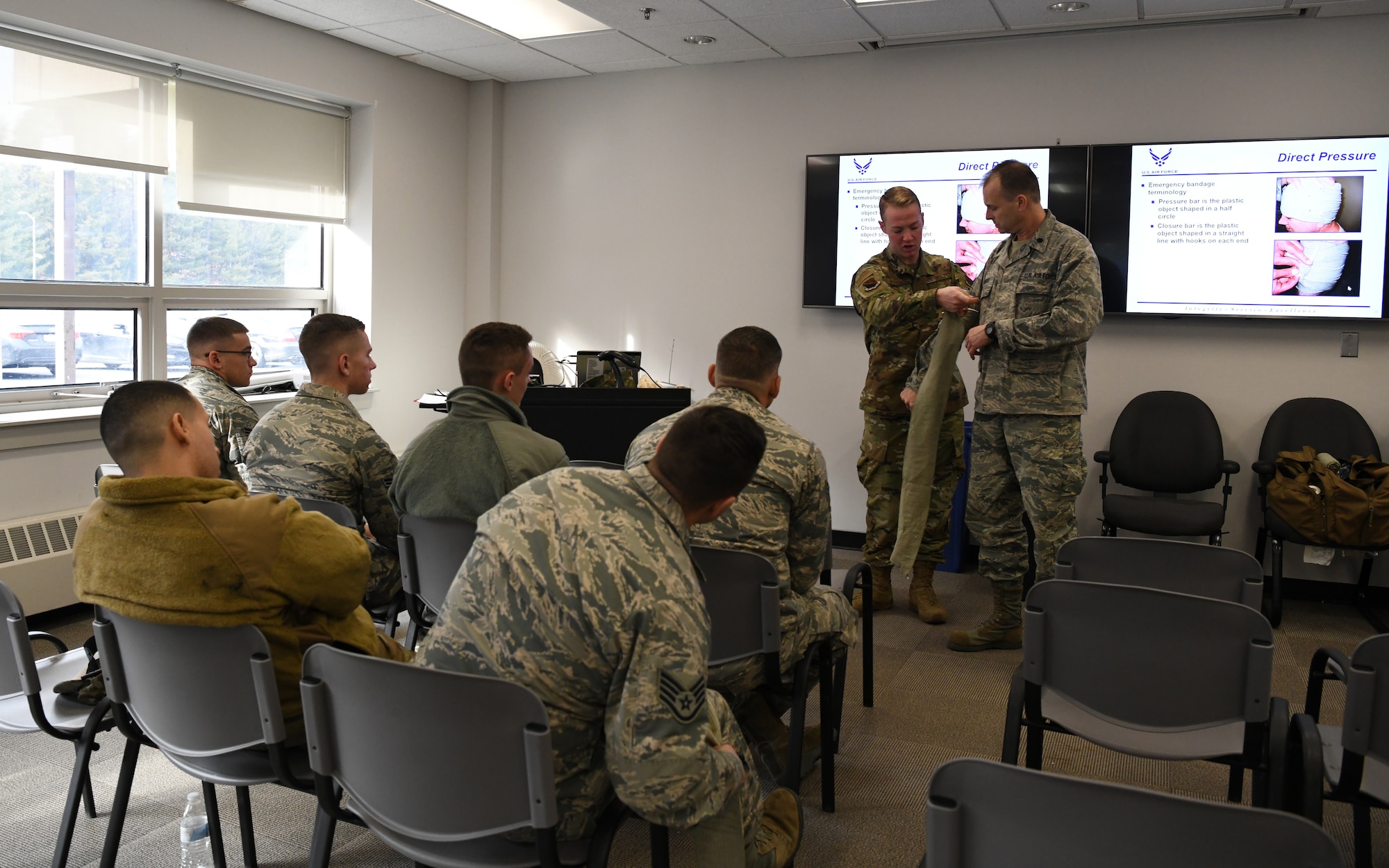 The 104th Medical Group held Self Aid and Buddy Care Feb. 2, 2020, at Barnes Air National Guard Base.   Staff Sgt. Michael Reynolds and Lt. Col. Stephen Reynolds lead the class and gave their students hands-on experience using a tourniquet and other SABC tools.   (U.S Air National Guard Photos by Master Sgt. Lindsey Sarah Watson-Kirwin)