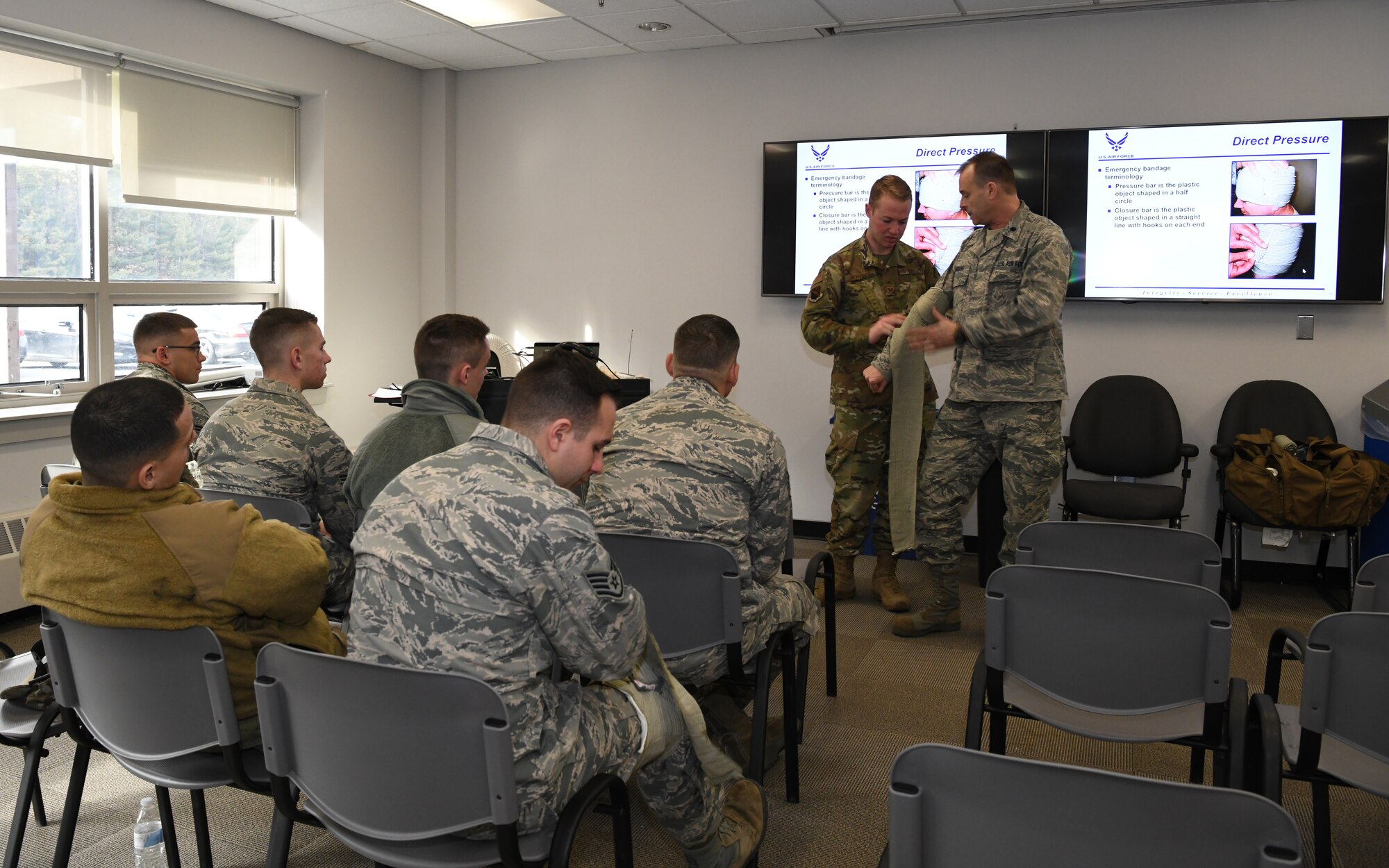 The 104th Medical Group held Self Aid and Buddy Care Feb. 2, 2020, at Barnes Air National Guard Base.   Staff Sgt. Michael Reynolds and Lt. Col. Stephen Reynolds lead the class and gave their students hands-on experience using a tourniquet and other SABC tools.   (U.S Air National Guard Photos by Master Sgt. Lindsey Sarah Watson-Kirwin)