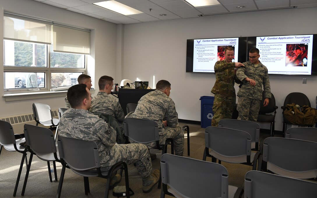 The 104th Medical Group held Self Aid and Buddy Care Feb. 2, 2020, at Barnes Air National Guard Base.   Staff Sgt. Michael Reynolds and Lt. Col. Stephen Reynolds lead the class and gave their students hands-on experience using a tourniquet and other SABC tools.   (U.S Air National Guard Photos by Master Sgt. Lindsey Sarah Watson-Kirwin)