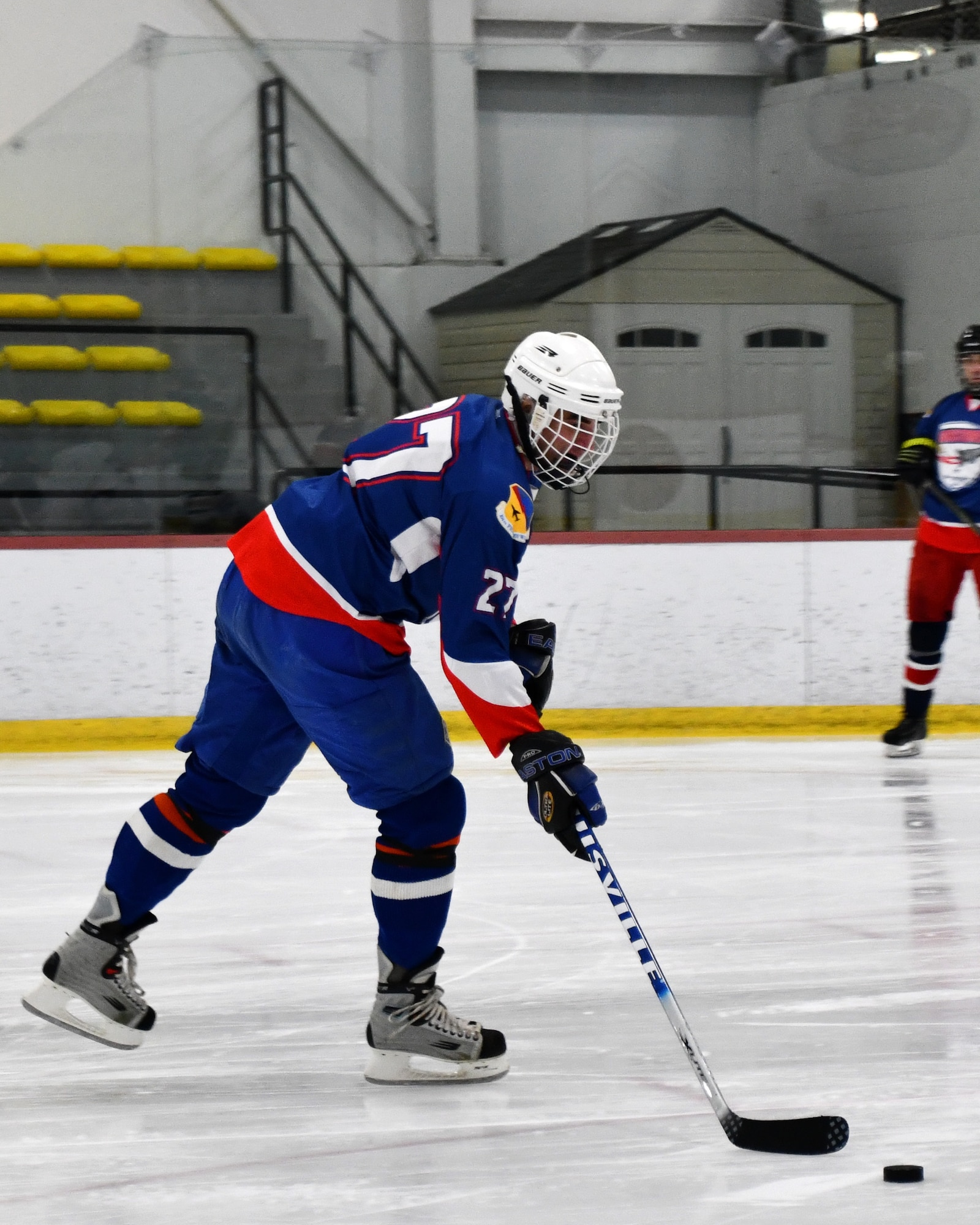 Major Nate Reynen, 104th Fighter Wing Barnestormer player, played hockey against the Springfield Thunderbirds Charity team in order to raise money for an organization aimed at spreading awarness for veteran suicide Feb. 2, 2020, in Westfield, Massachusetts. The hockey game built camaraderie amongst Airmen and allowed them with an opportunity to support military veterans. (U.S. Air National Guard photo by Airman 1st Class Sara Kolinski)