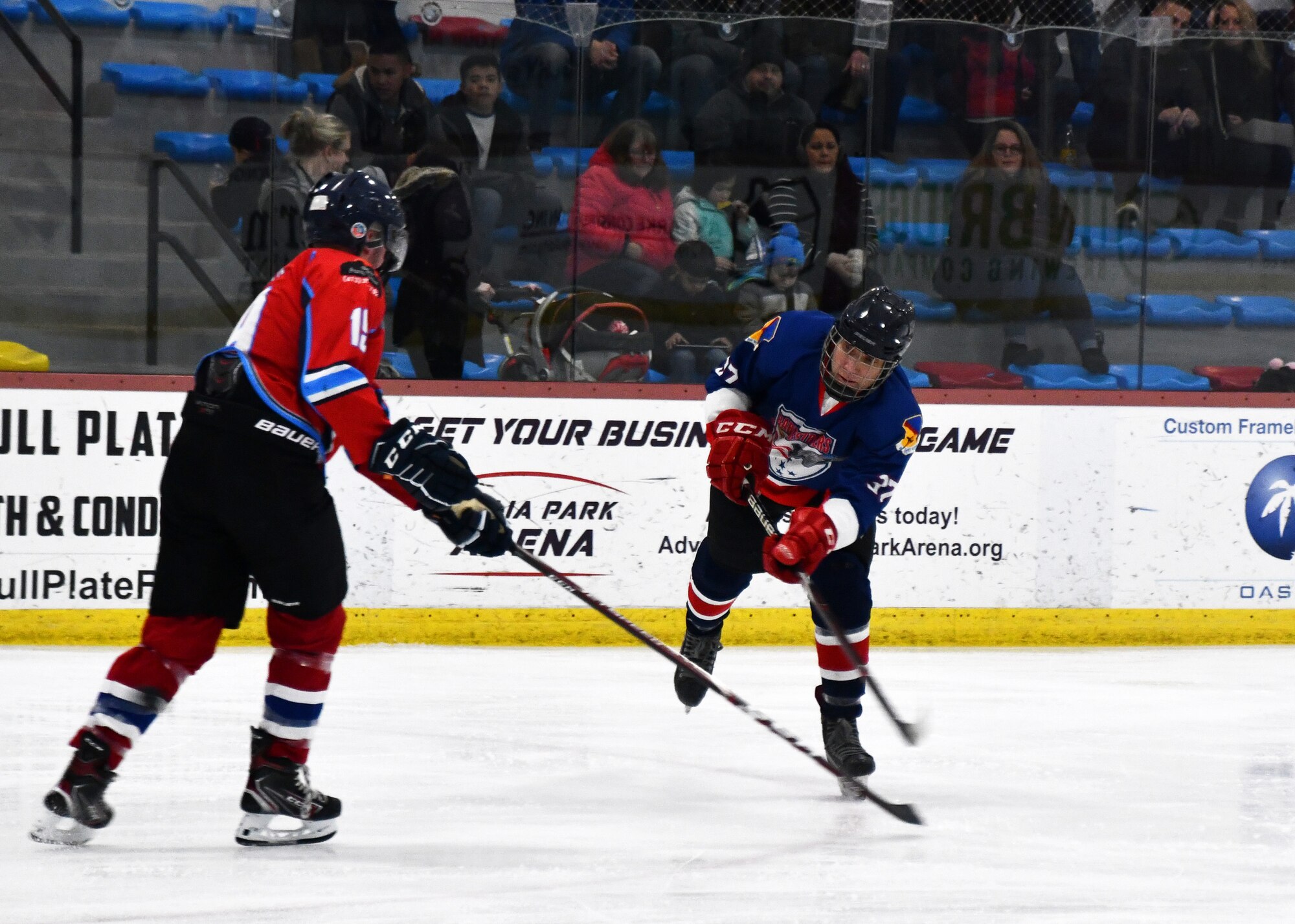 Major Sean Cahill, 104th Fighter Wing Barnestormer player, played hockey against the Springfield Thunderbirds Charity team in order to raise money for an organization aimed at spreading awarness for veteran suicide Feb. 2, 2020, in Westfield, Massachusetts. The hockey game built camaraderie amongst Airmen and allowed them with an opportunity to support military veterans. (U.S. Air National Guard photo by Airman 1st Class Sara Kolinski)