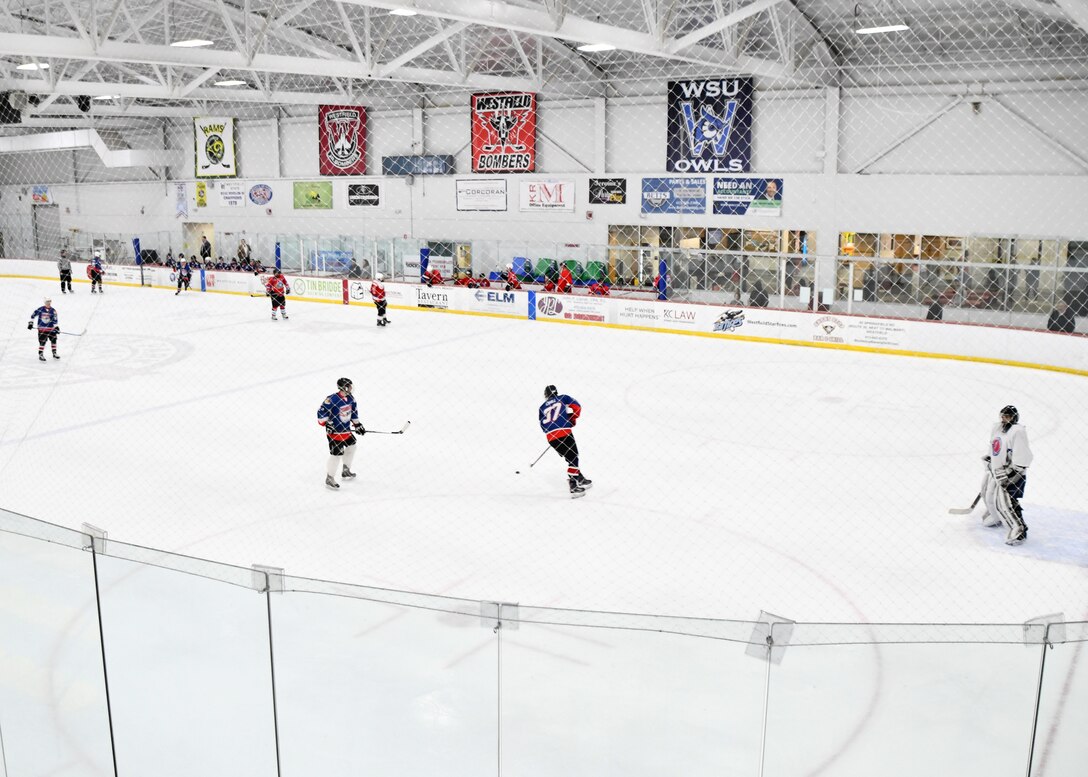 Airmen from the 104th Fighter Wing Barnestormers played hockey against the Springfield Thunderbirds Charity Team in order to raise money for the Skate for the 22 Foundation Feb. 2, 2020, in Westfield, Massachusetts. The hockey game built camaraderie amongst Airmen and allowed them with an opportunity to support military veterans. (U.S. Air National Guard photo by Airman 1st Class Sara Kolinski) (U.S. Air National Guard photo by Airman 1st Class Sara Kolinski)