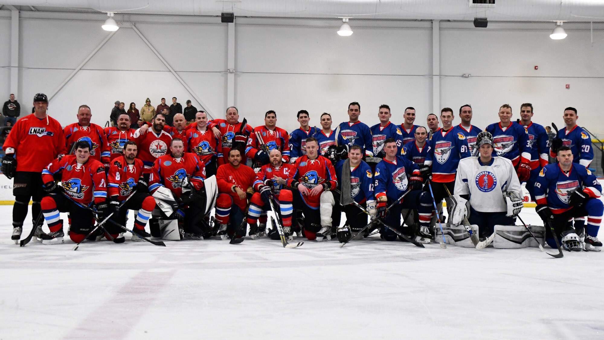 Airmen from the 104th Fighter Wing Barnestormers played hockey against the Springfield Thunderbirds Charity Team in order to raise money for the Skate for the 22 Foundation Feb. 2, 2020, in Westfield, Massachusetts. The hockey game built camaraderie amongst Airmen and allowed them with an opportunity to support military veterans. (U.S. Air National Guard photo by Airman 1st Class Sara Kolinski) (U.S. Air National Guard photo by Airman 1st Class Sara Kolinski)