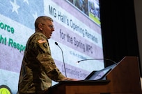 Joint Task Force Civil Support (JTF-CS) Commanding General Maj. Gen. William “Bill” Hall gives opening remarks during the command’s mission planning conference at Jacobs Conference Center.