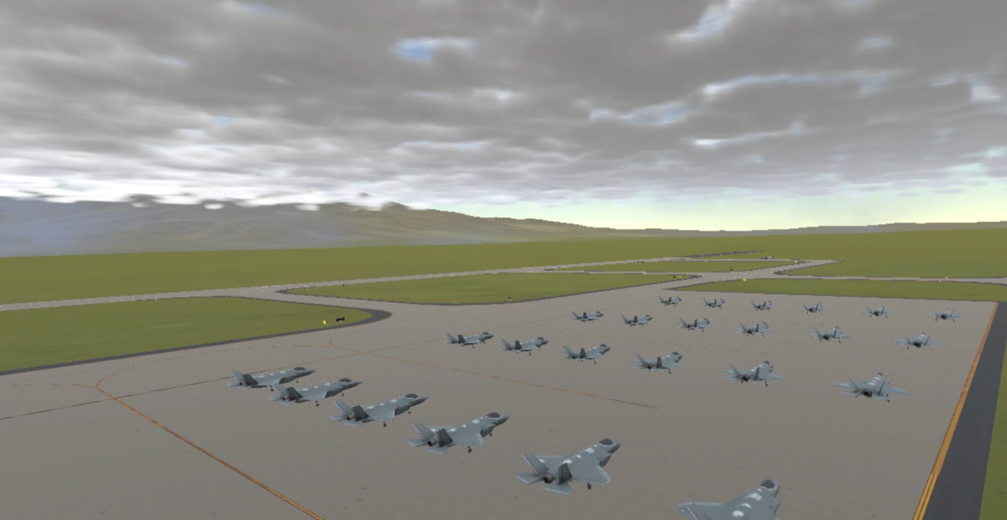 Simulated aircraft sit on a simulated flight line