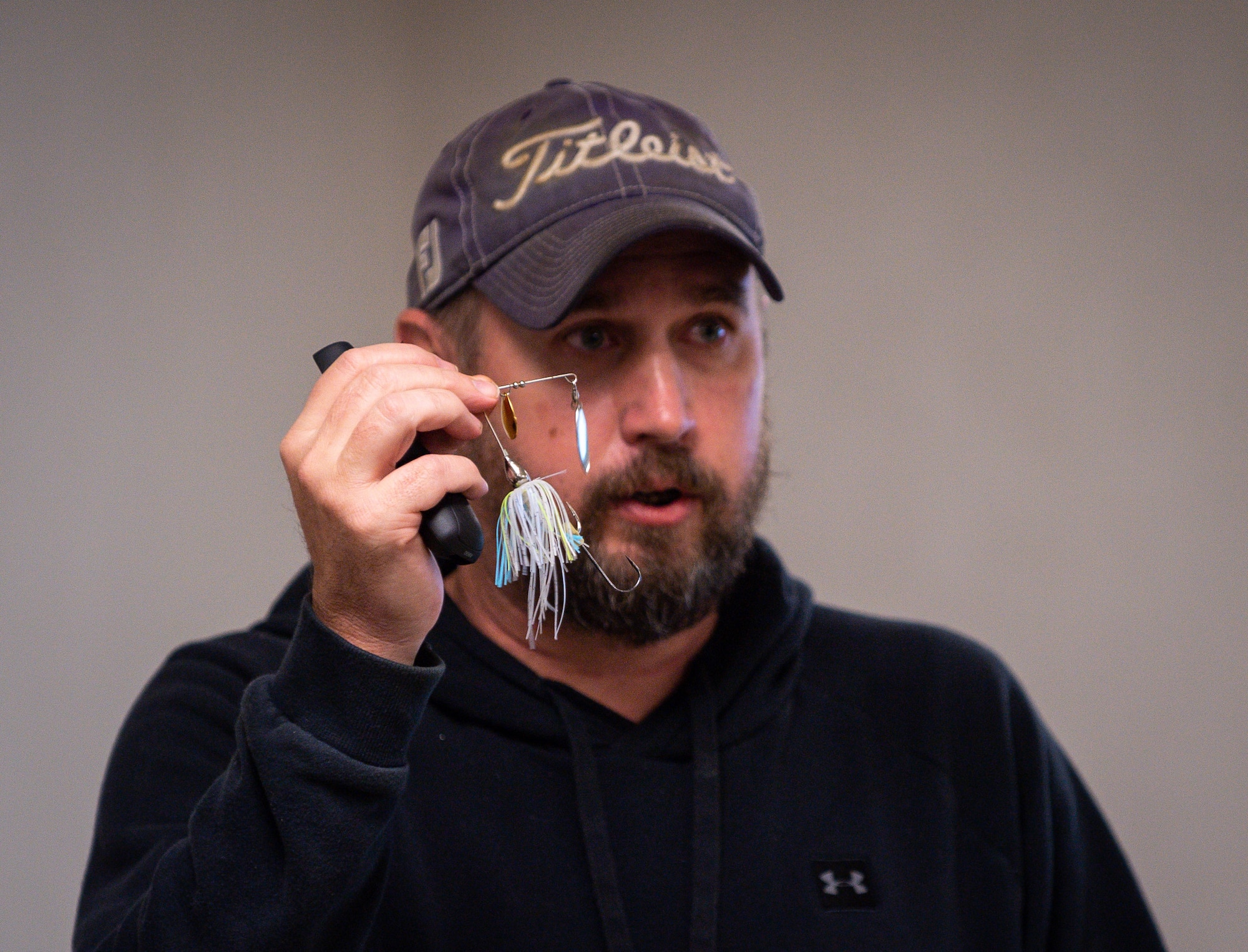 Jason Russell, 2nd Civil Engineer Squadron wildlife technician, shows a spinner bait during a “How to Fish on Barksdale Air Force Base” fishing class at Barksdale AFB, La., Feb. 25, 2020. The 2nd Civil Engineer Squadron Natural Resources Office held the class for people with no southeast fishing experience to learn about the fishing resources available at Barksdale.