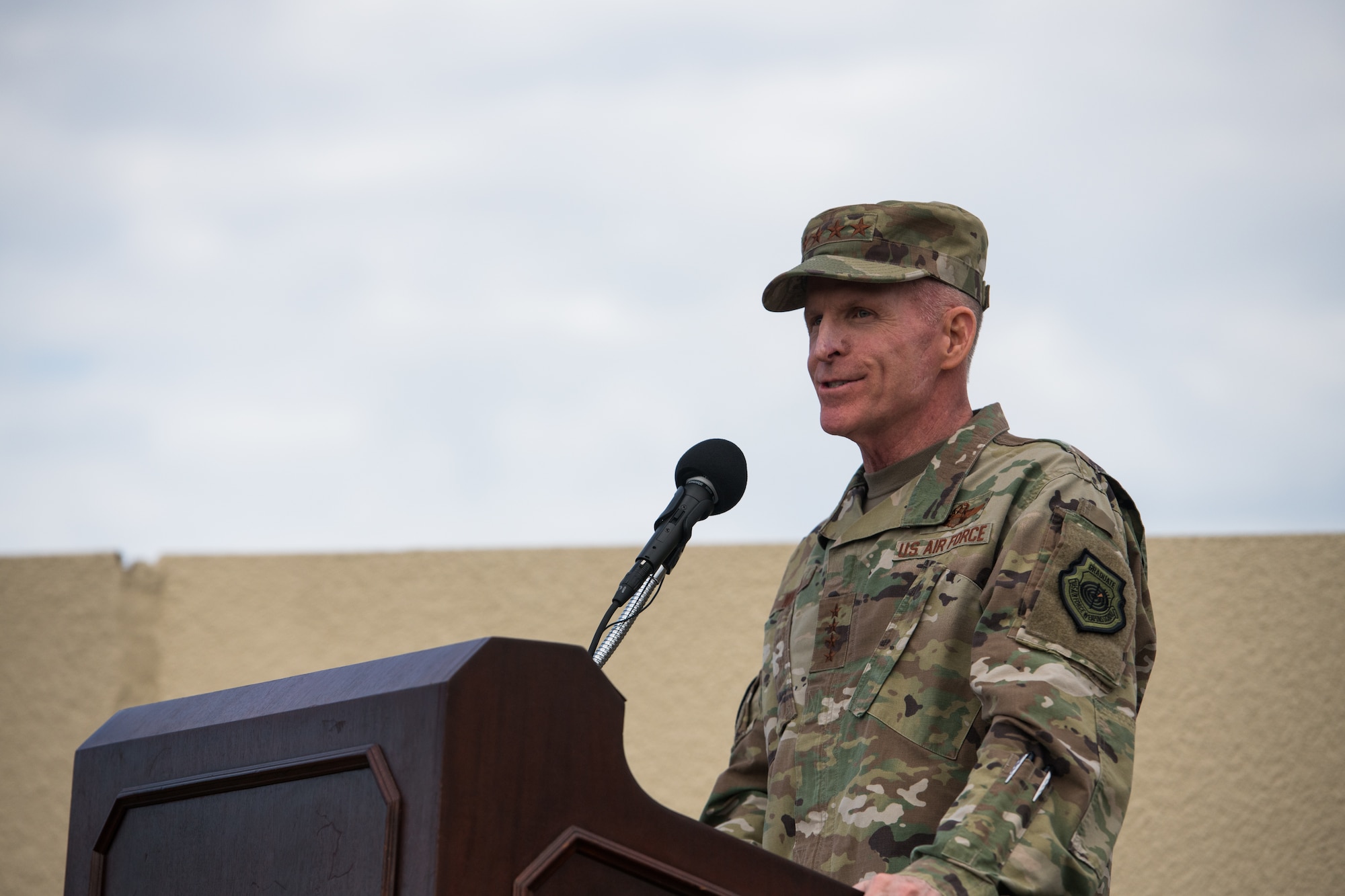 General Stephen W. Wilson, Vice Chief of Staff of United States Air Force, provides remarks during the Joint Base San Antonio Annex renaming ceremony, March 4, 2020, at Joint Base San Antonio-Chapman Annex, Texas. Joint Base San Antonio-Annex, home of Special Warfare training, is renamed JBSA-Chapman Annex in honor of the service, heroism, and ultimate sacrifice of Master Sgt. John A. Chapman. Chapman was posthumously awarded the Medal of Honor for his action in Takur Ghar, Afghanistan. (U.S. Air Force photo by Sarayuth Pinthong)