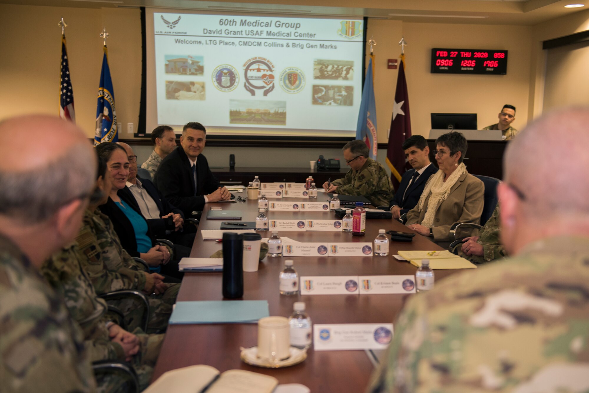 60th Medical Group executive staff and external partners discuss Military Health System transformation with U.S. Army Lt. Gen. Ronald J. Place, Defense Health Agency director, during a market summit meeting Feb. 27, 2020, at Travis Air Force Base, California. Place met to discuss how fostering partnerships can enhance their healthcare systems, and he held a town hall for staff to address their questions. (U.S. Air Force photo by Airman 1st Class Cameron Otte)