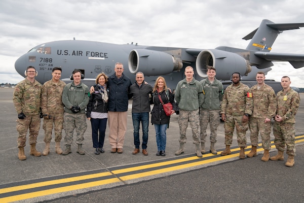 Vice Chairman of the Joint Chiefs of Staff Air Force Gen. John E. Hyten, Senior Enlisted Advisor to the Chairman (SEAC) Ramon "CZ" Colon-Lopez and USO entertainers arrive at Joint Base Lewis McChord, Washington for the annual Vice Chairman’s USO Tour, March 1, 2020. Hyten, along with USO entertainers, will be visiting service members at various locations throughout the nation. This year’s entertainers include comedians Scott Armstrong and Matt Walsh, actor Brad Morris, country music band LoCash, MMA Fighter Illima-Lei Macfarlane and DJ J. Dayz.