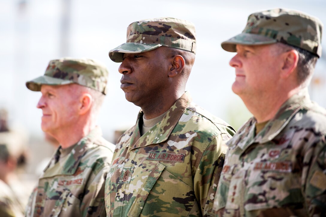 General Stephen W. Wilson (left), Vice Chief of Staff of United States Air Force, Chief Master Sgt. of the Air Force Kaleth O. Wright (center), and Lt. Gen. Marshall B. Webb (right), commander of Air Education and Training Command attend the Chapman Training Annex renaming ceremony, March 4, 2020, at Joint Base San Antonio-Chapman Training Annex, Texas.