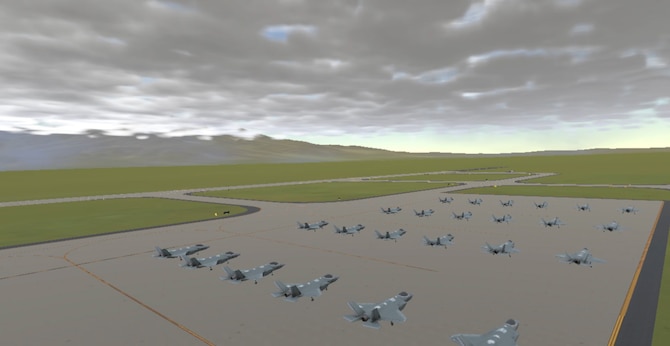 Simulated aircraft sit on a simulated flight line