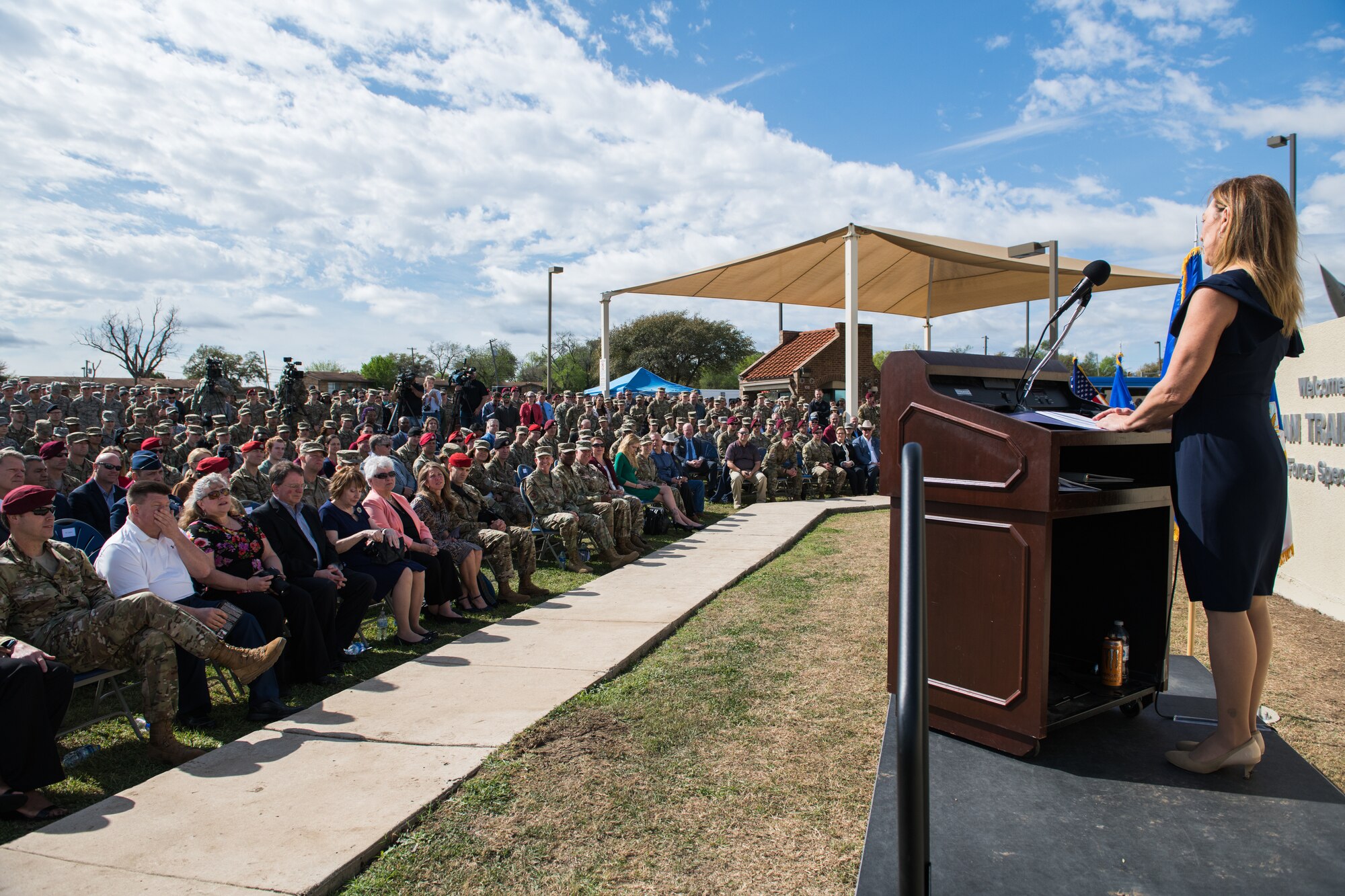 Valerie Nessel, spouse of Master Sgt. John A. Chapman, gives a few words during the Joint Base San Antonio Annex renaming ceremony, March 4, 2020.