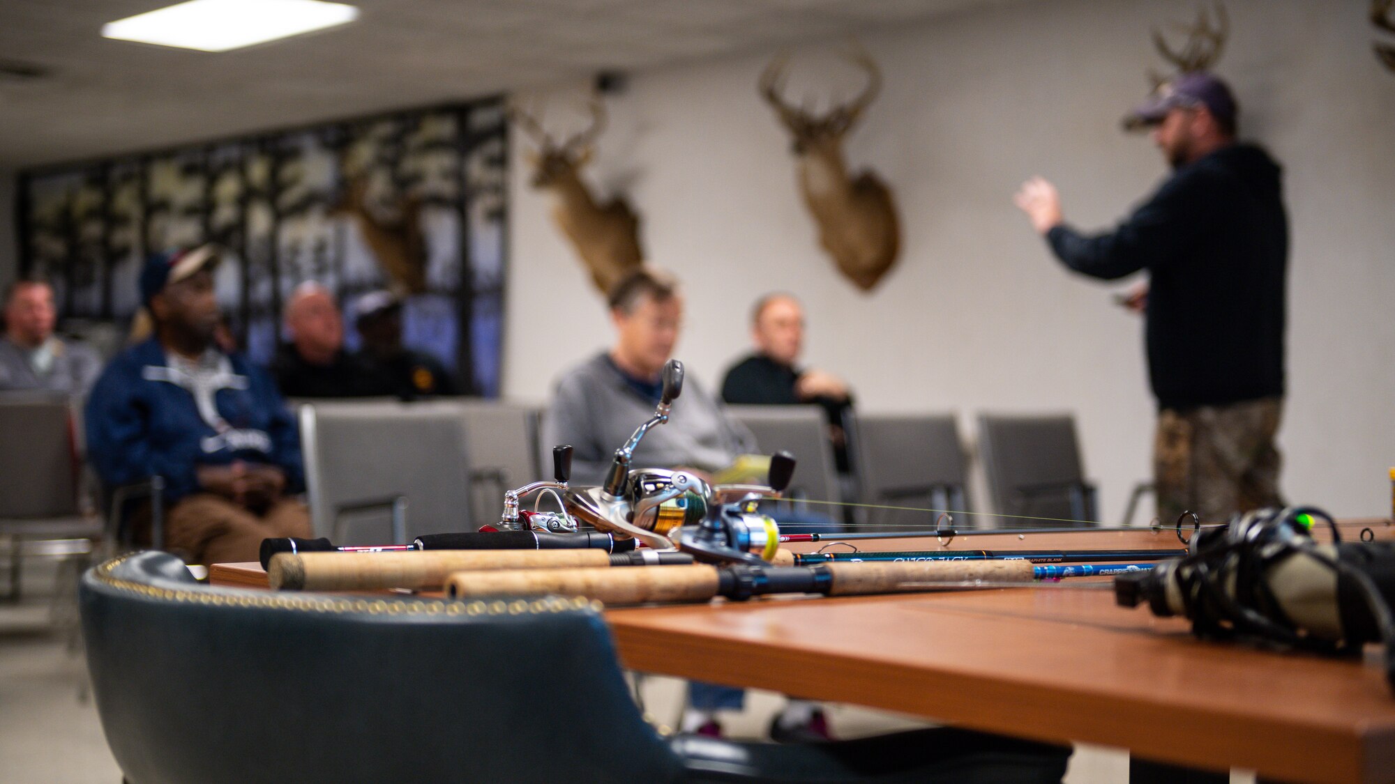 Fishing poles lay on a table during a How to Fish on Barksdale Air Force Base fishing class at Barksdale AFB, La., Feb. 25, 2020. Barksdale occupies over 22,000 acres, offering seven lakes and ten forest ponds. Natural Resources held a class about the types of fish at all of Barksdale’s water bodies and how to best catch them.