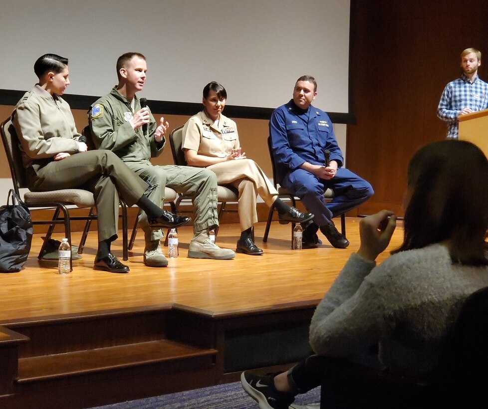 On a panel of service members, Air Force District of Washington's Tech. Sgt. Doug Galmish, 1st Airlift Squadron at Joint Base Andrews, appeared before nearly 200 high school students at the Carnegie Institution for Science in Washington, D.C., to field questions pertaining to educational opportunities, deployments, world issues, and more.