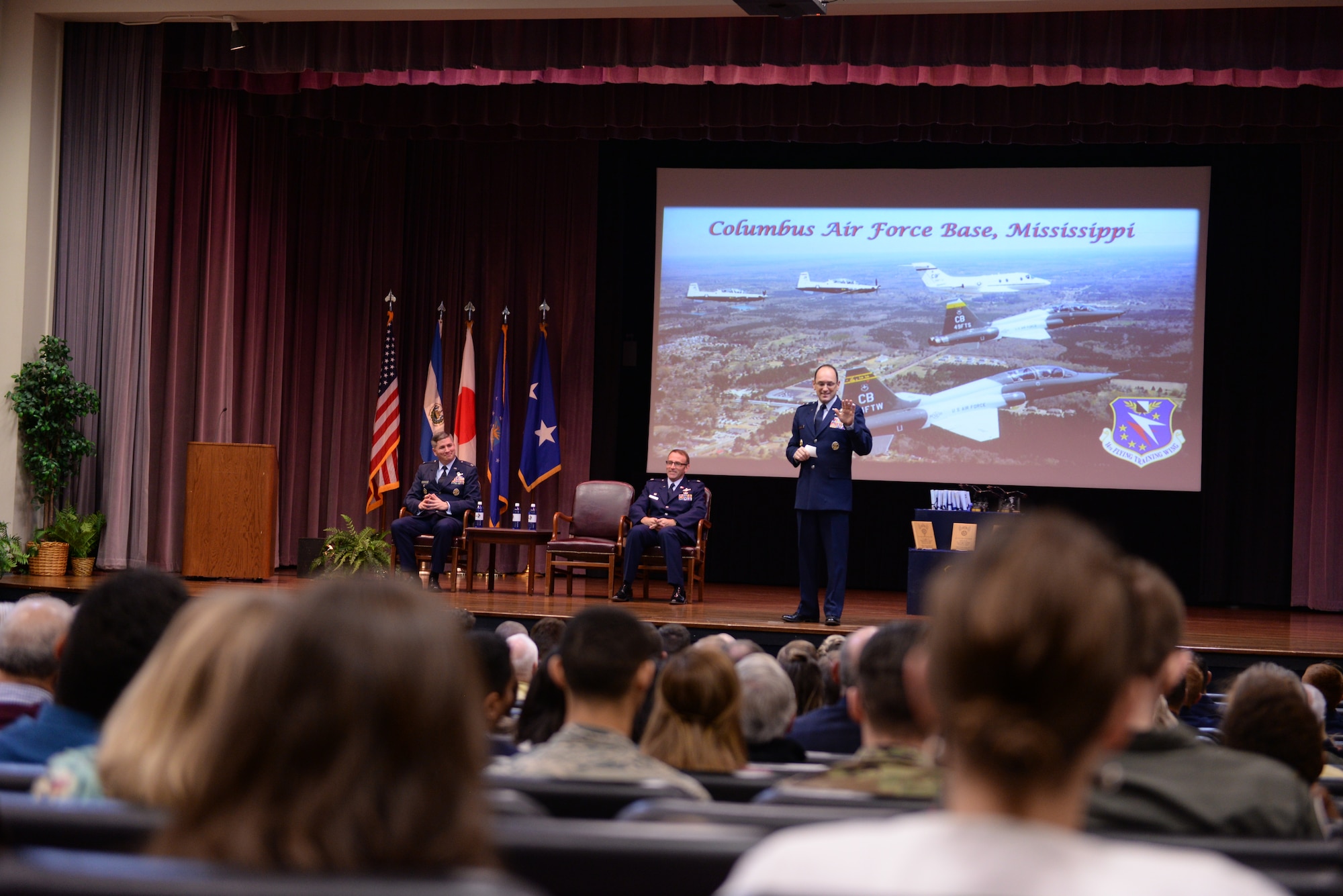 Maj. Gen. Kevin Kennedy, assistant deputy chief information officer, digital transformation and assistant deputy chief of staff for cyber effects operations, speaks during Specialized Undergraduate Pilot Training Class 20-08/09’s graduation ceremony Feb. 28, 2020, at Columbus Air Force Base, Miss. Kennedy has conducted more than more than 3,400 flight hours, including 720 combat hours. (U.S. Air Force photo by Airman Davis Donaldson)
