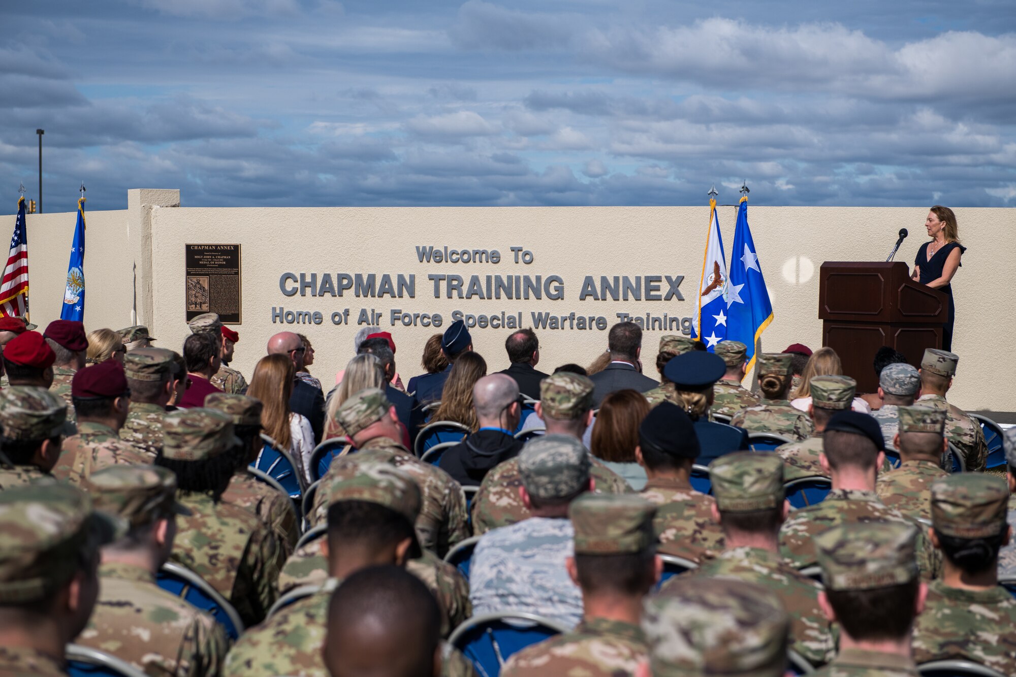 Valerie Nessel, spouse of Master Sgt. John A. Chapman, gives a few words during the Joint Base San Antonio Annex renaming ceremony, March 4, 2020, at Joint Base San Antonio-Chapman Annex, Texas. Joint Base San Antonio-Annex, home of Special Warfare training, is renamed JBSA-Chapman Annex in honor of the service, heroism, and ultimate sacrifice of Master Sgt. John A. Chapman. Chapman was posthumously awarded the Medal of Honor for his action in Takur Ghar, Afghanistan. (U.S. Air Force photo by Sarayuth Pinthong)