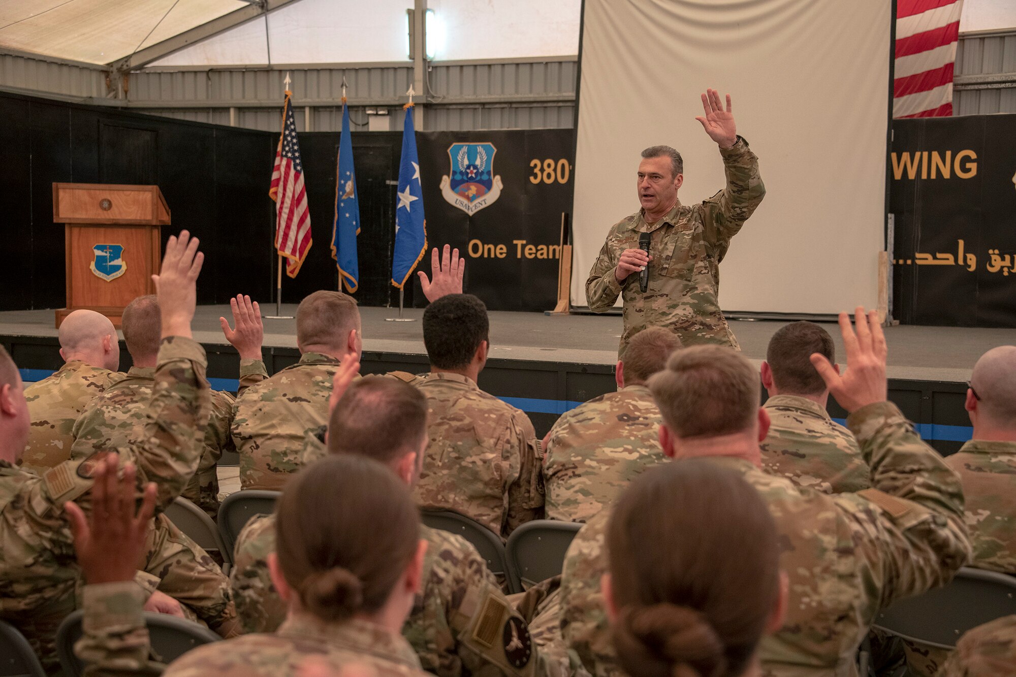 AFCENT command team speaks to Airmen during an All Call at Al Dhafra Air Base