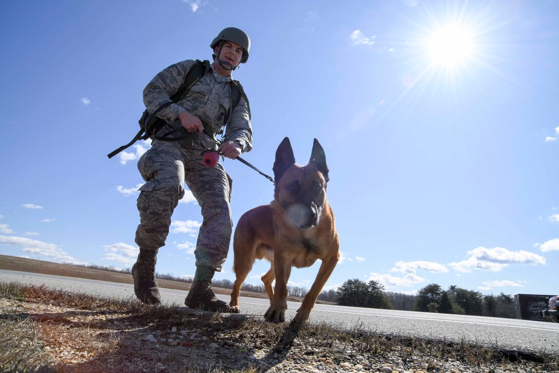 Senior Airman Wes Shultz, 11th Security Support Squadron military working dog handler, and MWD Sasha, participate in a ruck-march as part of the Defender Challenge 2020 tryouts at Joint Base Andrews, Md., Feb. 27, 2020. Shultz, along with other defenders, performed drills, exercises and displayed weapon knowledge for an opportunity to represent the Air Force District of Washington in the DC2020 at Camp Bullis, San Antonio, Texas. (U.S. Air Force photo by Staff Sgt. Andrew Walck)