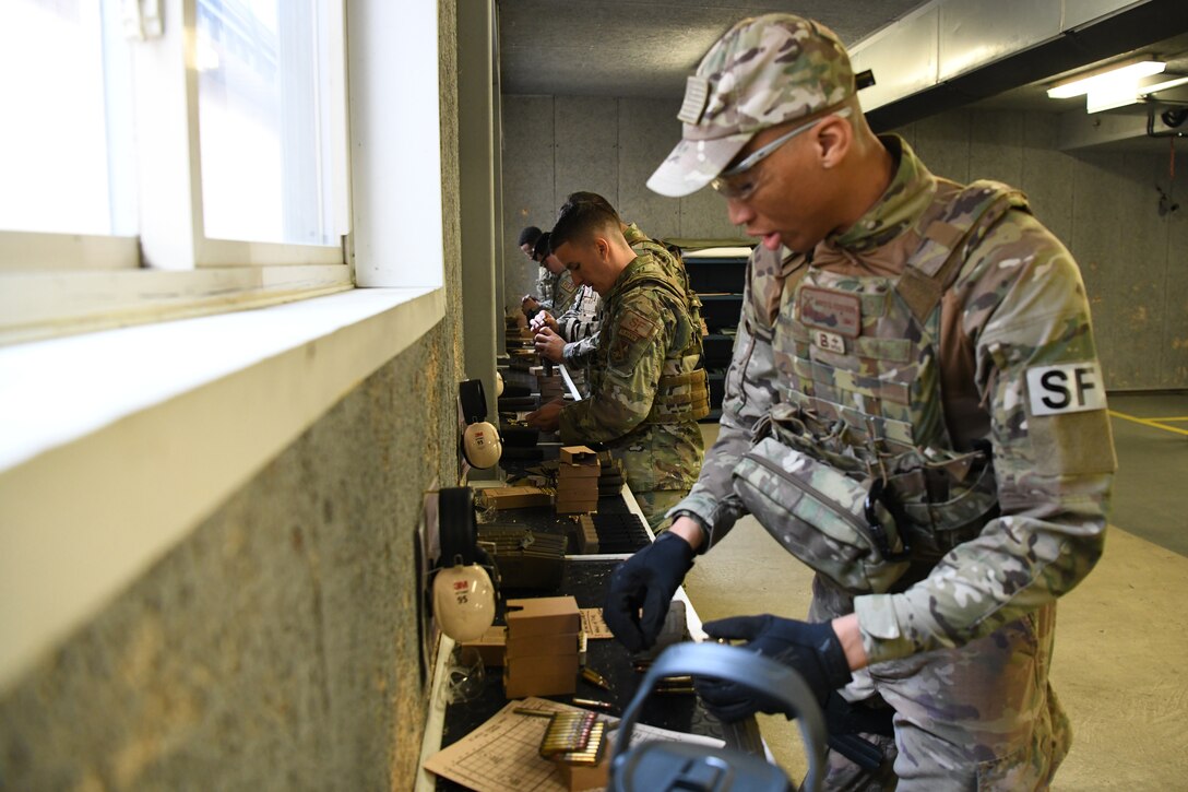 11th Security Forces Group Airmen load their magazines as part of the Defender Challenge 2020 tryouts on Joint Base Andrews, Md., Feb. 27, 2020. JBA defenders competed for an opportunity to represent Air Force District of Washington team in the DC2020 in Camp Bullis, San Antonio, Texas. (U.S. Air Force photo by Staff Sgt. Andrew Walck)