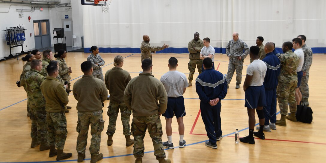 Lt. Col. David Herndon, 11th Security Support Squadron commander, gives a brief to defenders prior to the Defender Challenge 2020 tryouts at Andrews, Md., Feb. 27, 2020. The defenders competed to represent the Air Force District of Washington in the DC2020 at Camp Bullis, San Antonio, Texas. (U.S. Air Force photo by Staff Sgt. Andrew Walck)
