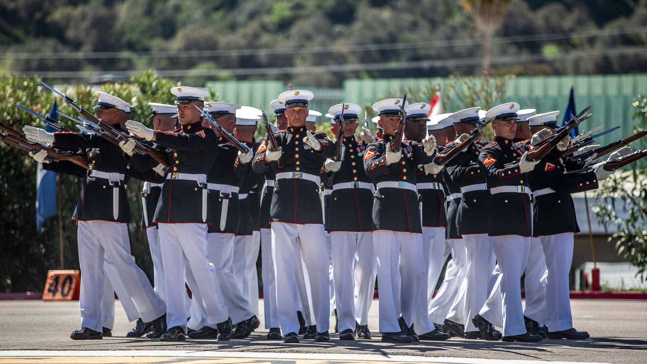 U.S. Marines perform during the Battle Color Ceremony at the 52 Area parade deck on Marine Corps Base Camp Pendleton, Calif., March 3.