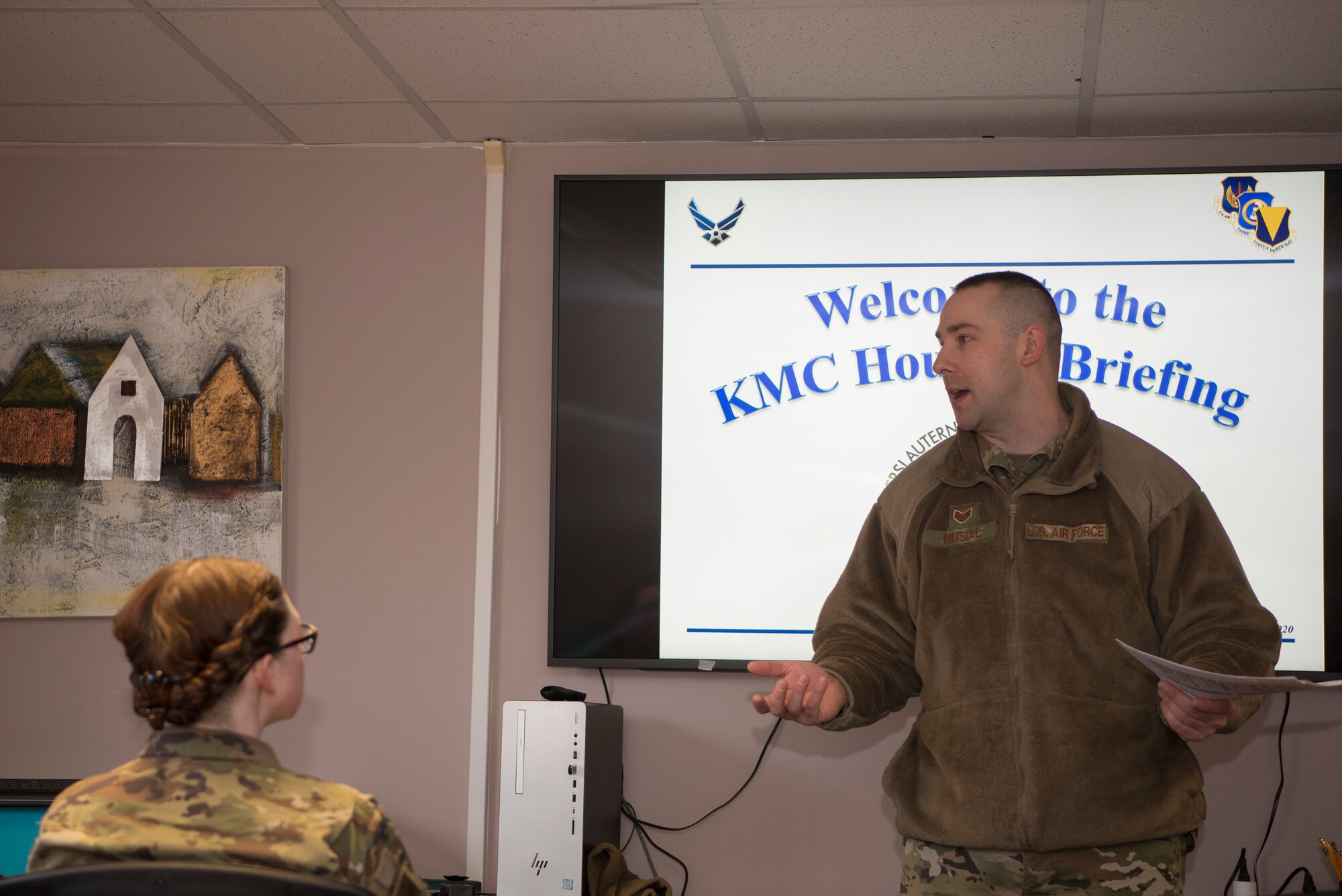 U.S. Air Force Staff Sgt. Corey Musial, 86th Civil Engineer Squadron airman dorm leader, hosts a Kaiserslautern Military Community Housing Brief for all Airmen moving to off-base housing on Ramstein Air Base, Germany, March 3, 2020. Musial received the honor of being named Ramstein’s Airlifter of the Week on Feb. 21, 2020. (U.S. Air Force photo by Senior Airman Kristof J. Rixmann)