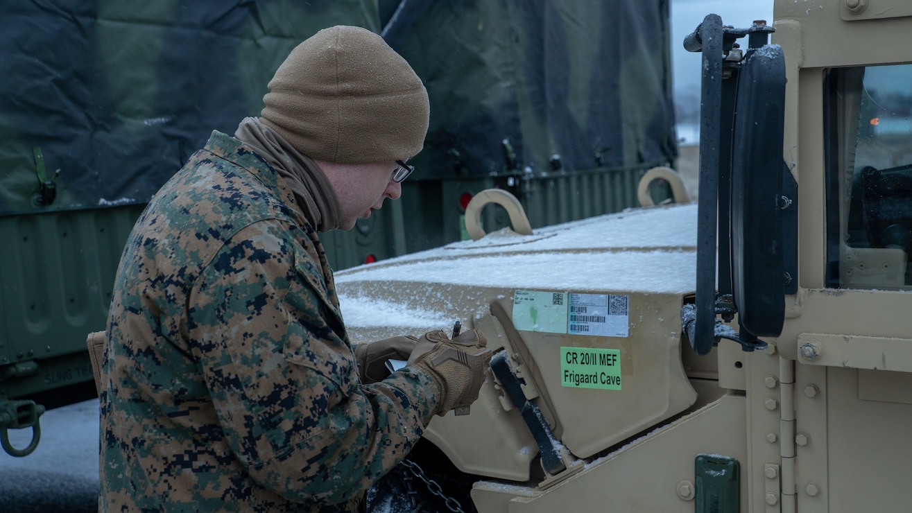 A U.S. Marine conducts MCPP-N inventory checks on U.S. Marine Corps High Mobility Multipurpose Wheeled Vehicles at Vӕrnes Garnison, Norway, Feb. 13.