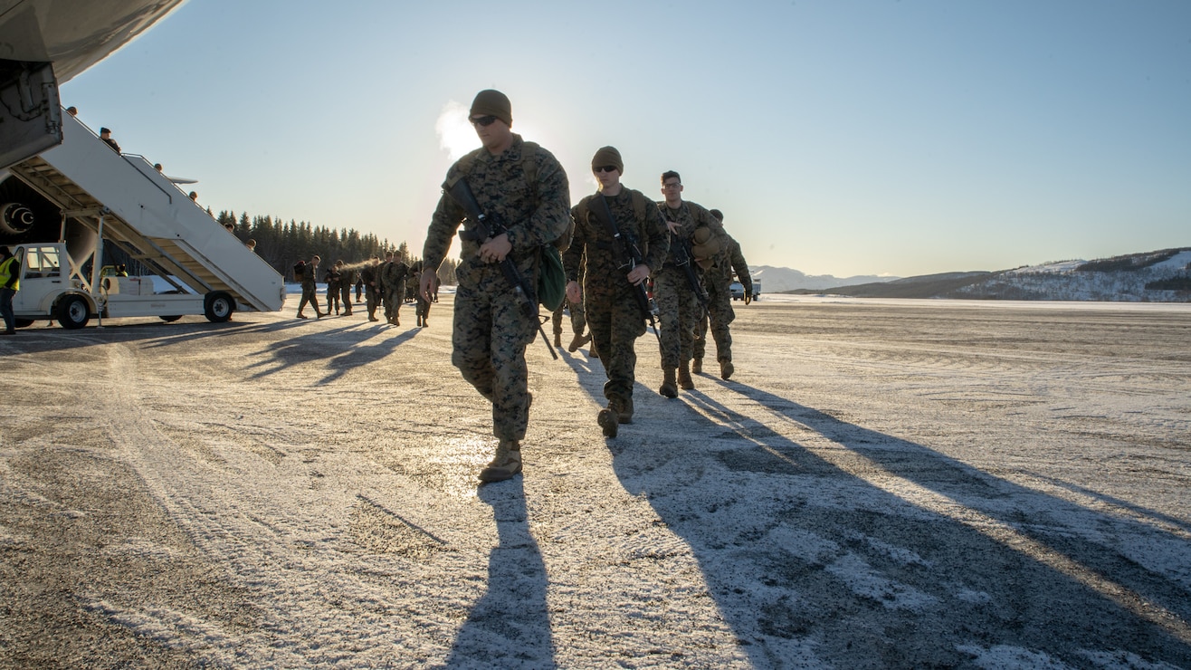 U.S. Marines arrive at Evenes Airfield, Norway, Feb. 19.
