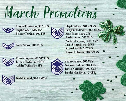 Promotions from the 507th Air Refueling Wing enlisted ranks March 5, 2020, at Tinker Air Force Base. (U.S. Air Force graphic by Senior Airman Mary Begy)