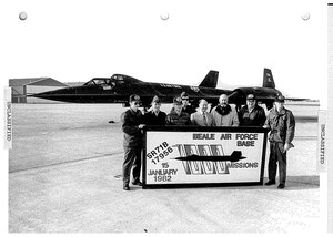 Airmen pose for a picture to celebrate SR-71B’s 1,000th sortie, Jan. 15, 1982 at Beale Air Force Base, California. A sortie is an operational mission conducted by an aircraft. (U.S. Air Force photo)