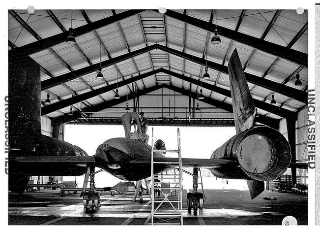 Airmen from the 9th Field Maintenance Parachute Shop install a drag chute on an SR-71 at Beale Air Force Base, California on an unknown date. SR-71s were equipped with drag chutes to slow it down, and provide pilots with control and stability when landing the aircraft. (U.S. Air Force photo)