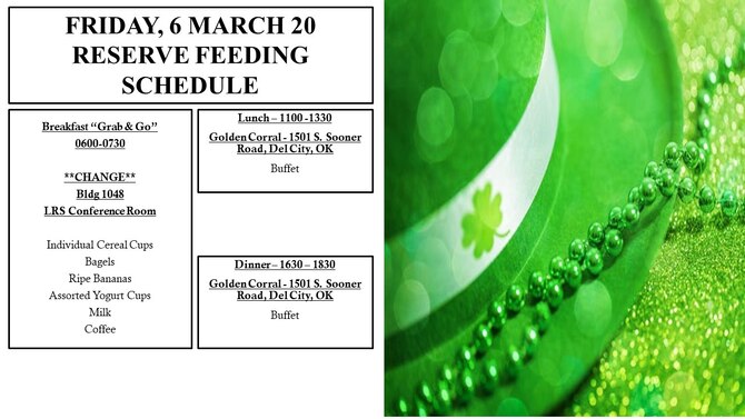 Until the Vanwey Dining Facility reopens in late spring 2020, Reservists at Tinker Air Force Base, Oklahoma, will receive their meals at Bldg. 3001 Cafeteria and at Golden Corral’s new location in Del City, Oklahoma. (U.S. Air Force courtesy graphic)